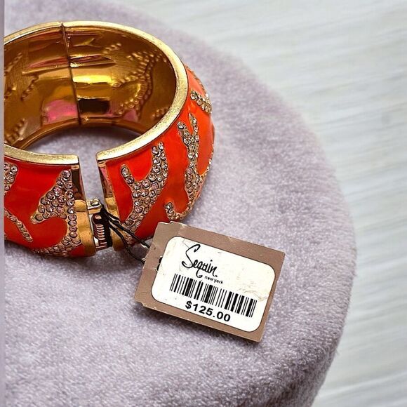 Sequin Orange And Gold Rhinestone Coral Reef Large Clamper Bangle Bracelet NWT - Picture 3 of 4